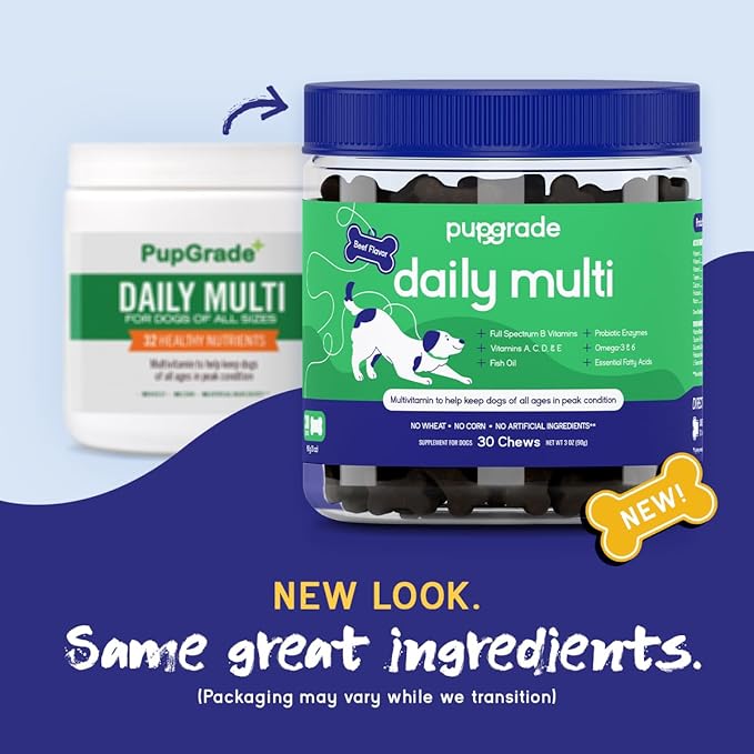 PupGrade Daily Multivitamin for Dogs - All-in-One Supplement for Digestive, Immune, Skin and Coat Health - 32 Healthy Nutrients, Probiotic Enzymes, Omega Fish Oil, Vitamins A, C, D & E - 30 Soft Chews
