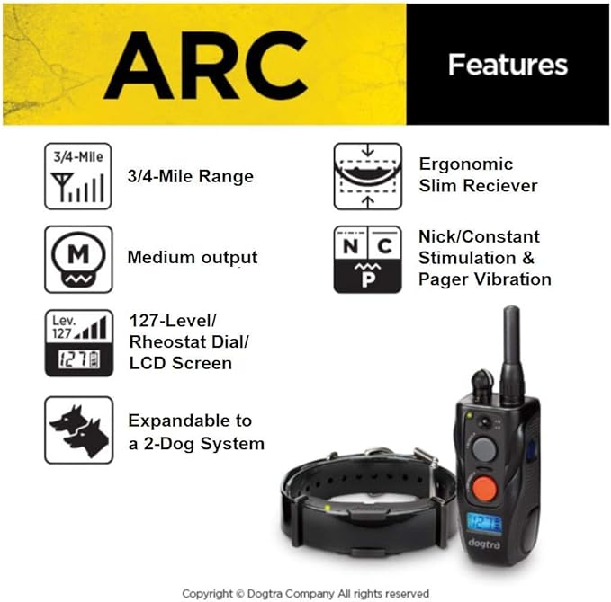 Dogtra ARC Dog Training Collar - 3/4 Mile Range, Waterproof, Rechargeable, Static, Vibration, Fits 15lbs & Up, Includes Free Essential Pet Products Training Clicker and Collapsible Food and Water Bowl