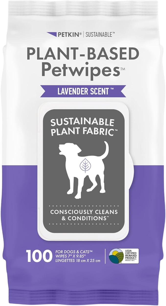 Petkin Plant-Based PetWipes, 100 Wipes - Biobased, Sustainable, Big & Thick Pet Wipes for Dogs & Cats - for Face, Paws, Ears, Body & Eye Area - Consciously Cleans & Conditions - Lavender