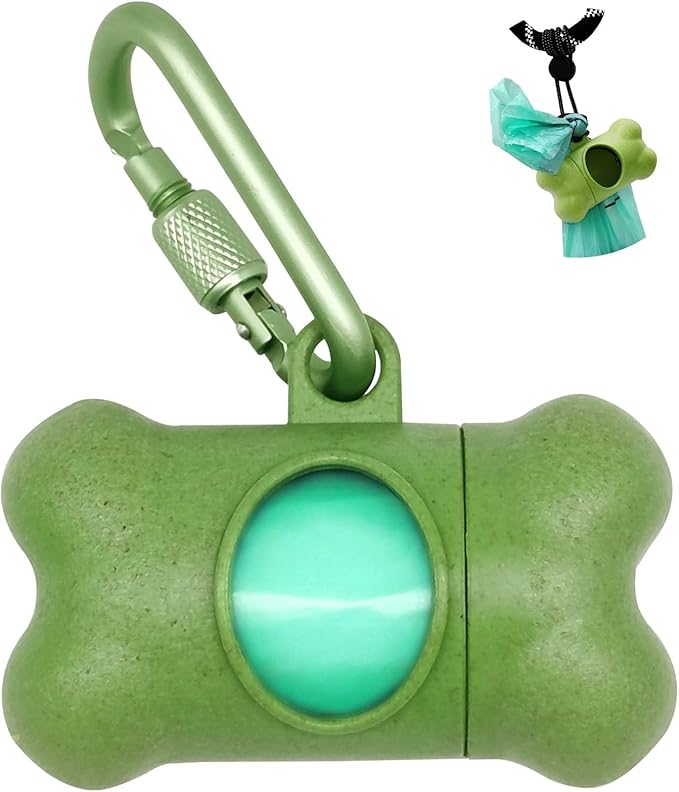Dog Poop Pickup Bags Holder Dispenser with 1 Roll Random Color Leak-proof Scented Doggy Waste Bags and Carabiner with Safety Lock Plus Hook and Loop Fastener Never Loose on Leash Lead Again (Green)