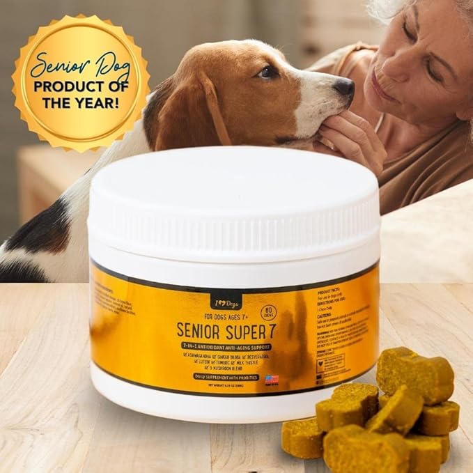 iHeartDogs Senior Super 7 Daily Dog Multivitamin - 7-in-1 Vitamin for Dogs Supports Anti-Aging with Antioxidants, Probiotics, Lion's Mane, Turkey Tail, & Ashwagandha for Longevity & Cognitive Boost