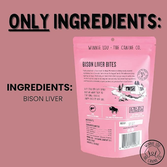 Winnie Lou Jerky Organic Jerky Dog Treats Made in The USA – Human Grade Dog Treats – Dog Jerky Treats – All Natural Dog Treats – Healthy Dog Treats (Bison Liver Bites) - 2 Pack