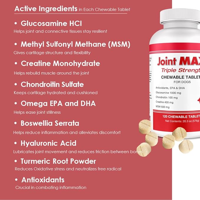 Double Strength Chewable Tablets for Dogs, Glucosamine, Chondroitin, Vitamins & Antioxidants, Hip & Joint Pain Relief & Support Supplement - Veterinarian Formulated, Made in USA, 120 Tablets