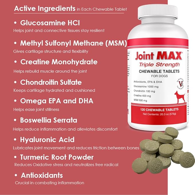 PHS Joint MAX Triple Strength (TS) Chewable Tablets for Dogs - Glucosamine, Chondroitin, MSM - Vitamins, and Antioxidants - Hip and Joint Pain Relief and Support Supplement - Made in USA - 120 Tablets