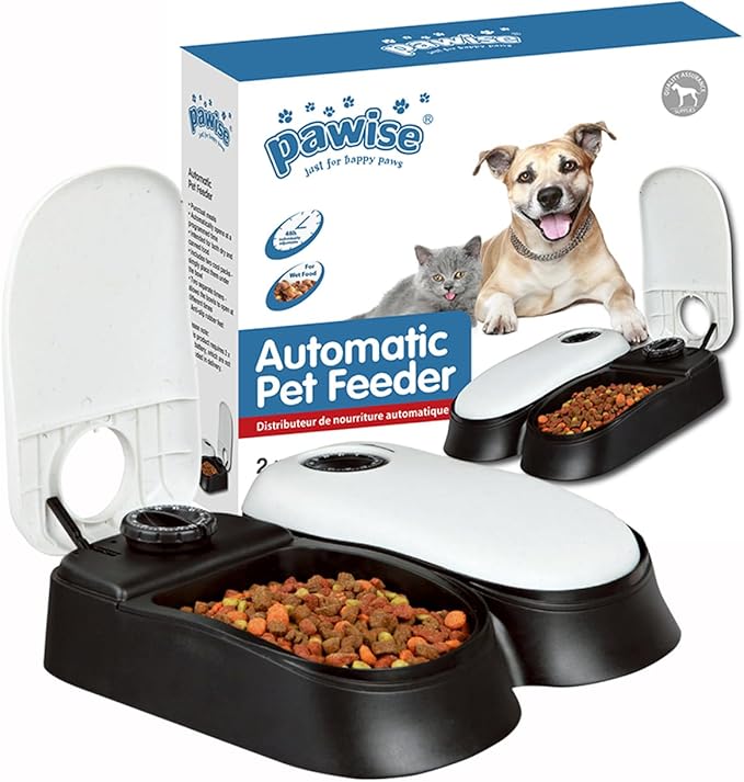 PAWISE Automatic Cat Feeder, 2 Meal, 48-Hour Timer, Dog/Cat Food Dispenser, 1.5 Cups, Schedule Meal or Treat
