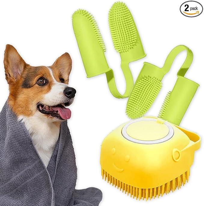 Dog Finger Toothbrush, Dog Shampoo Brush, Dog Accessories: 3 in 1 Dog Bath Brush and 2 Finger Tooth Brush Kit, Essential Puppy Products for Teeth Cleaning, Bathing, and Grooming (Yellow).