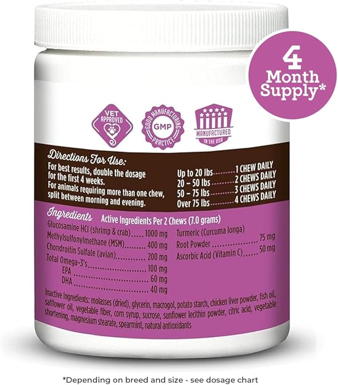 VetPro Dog Hip and Joint Supplement - Pain and Inflammation Relief Chews with Glucosamine, Chondroitin, MSM, Turmeric, Vitamin C, Omega 3 - Treats Hip Dysplasia, Arthritis - Dogs Chewable Supplements