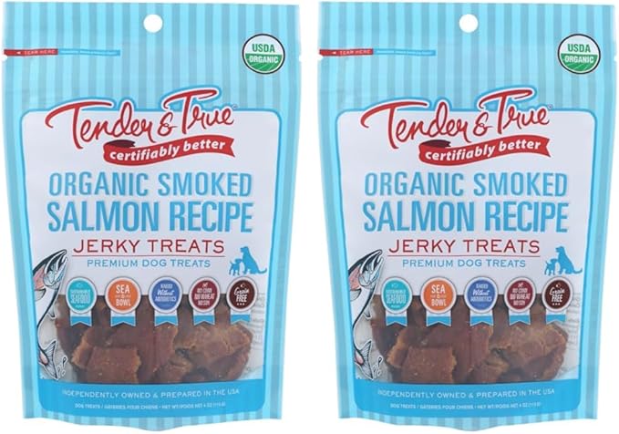 Tender & True Pet Nutrition Sustainable Salmon Recipe Jerky blue bag 4 ounces (Pack of 2)