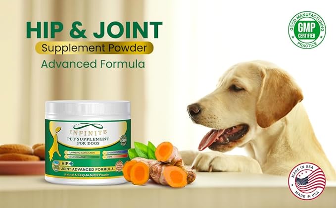 Hip & Joint Supplement Powder. This natural supplement is made with Turmeric Curcumin, Glucosamine, Chondroitin, and MSM, and it rebuilds damaged tissue and relieves inflammation.