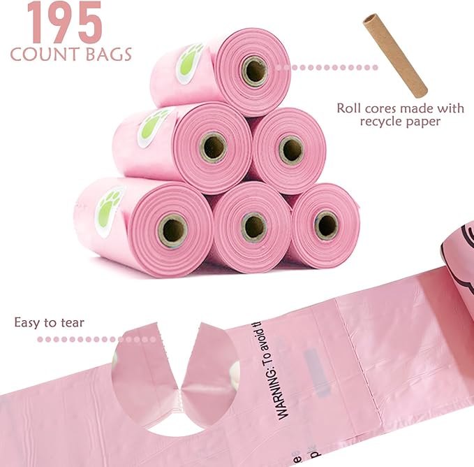 Dog Poop Pickup Bags Holder Dispenser with Standard-Sized Leak-Proof Scented Doggy Waste Bags and Carabiner with Safety Lock&Fastener Never Loose on Leash Lead Again (1 Holder 195 Bags, Pink)