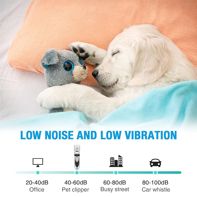 ENJOY PET Dog Clippers Low Noise Cat Shaver, Professional Dog Grooming Kit Rechargeable Cordless Pet Hair Clippers with 4 Comb Guides, Electric Quiet Pet Trimmer for Dogs Cats and Animals (Silver)