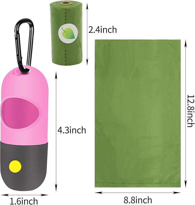 2 Pack Dog Poop Bag Dispenser with Built-in LED Flashlight, Pet Waste Bag Holder for Leash with Carabiner Clip for Lead Leash, 2 Rolls Leak-proof Doggy Waste Bags for Dog Walking, Pink, Eliamo