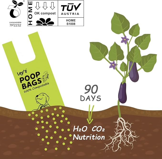 Ley's Compostable Dog Poop Bags, Plant-Based Biodegradable Doggie Waste Bags with Easy Tie Handles, Unscented, Vegetable-Based, Dog Bags Refill Rolls with Dispenser