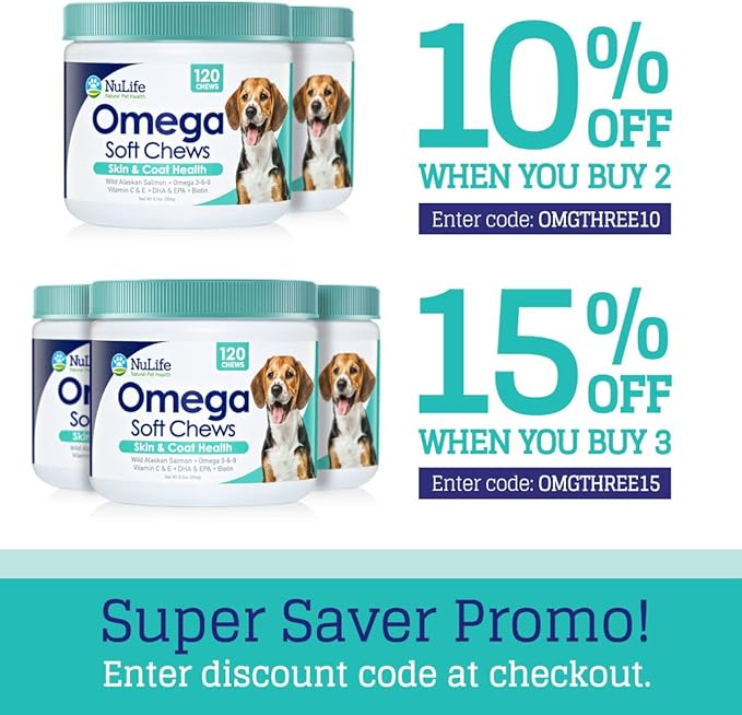 Omega Skin and Coat Chews for Dogs, Wild Salmon Dog Treats with Biotin & Vitamin E, Helps with Itchy Skin, Allergy Relief & Shedding, Omega 3 6 9, EPA & DHA Fatty Acids, Made in USA, 120 Chews