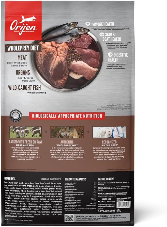 ORIJEN REGIONAL RED Dry Dog Food, Grain Free and Poultry Free Dog Food, Fresh or Raw Ingredients, 23.5lb