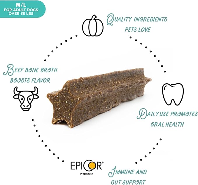 Dental+ Sticks for Dogs Over 35 lbs- Gut Support, with Beef Bone Broth, All Natural, EpiCor postbiotic, Made in The USA, Dental+ Bag, M/L - 11.3 oz.