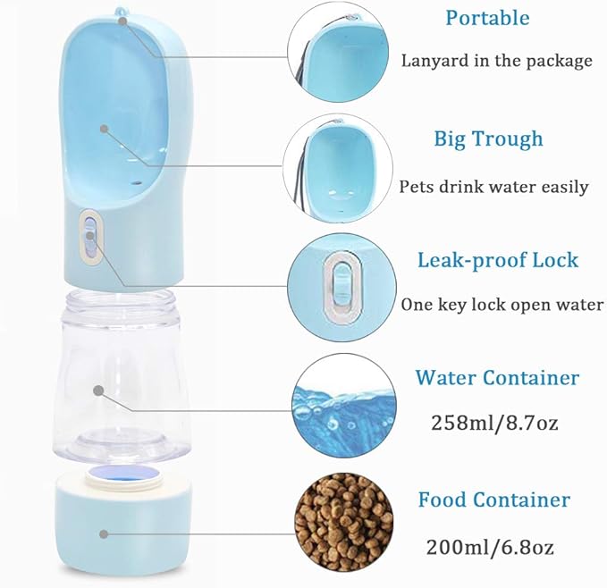 Dog Water Bottle for Walking, Multifunctional and Portable Dog Travel Water Dispenser with Food Container,Detachable Design Combo Cup for Drinking and Eating,Suitable for Cats and Puppy