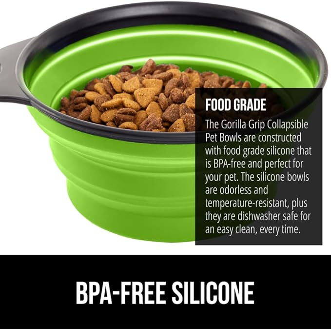 Gorilla Grip Collapsible Dog Bowl, Silicone Set of 2 Travel Bowls with Carabiner, Foldable and Portable Accessories for Cat and Dogs, Small Pet Hiking Supplies, Food and Water, 1 Cup, Royal Blue/Green