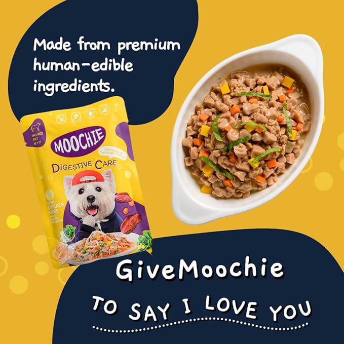 MOOCHIE Grain Free Wet Dog Food for Small Dogs - Digestive Care - Made with Real Chicken, Beef and Vegetables - No Added Preservatives or Artificial Flavoring - 12 x 3 oz Pouch