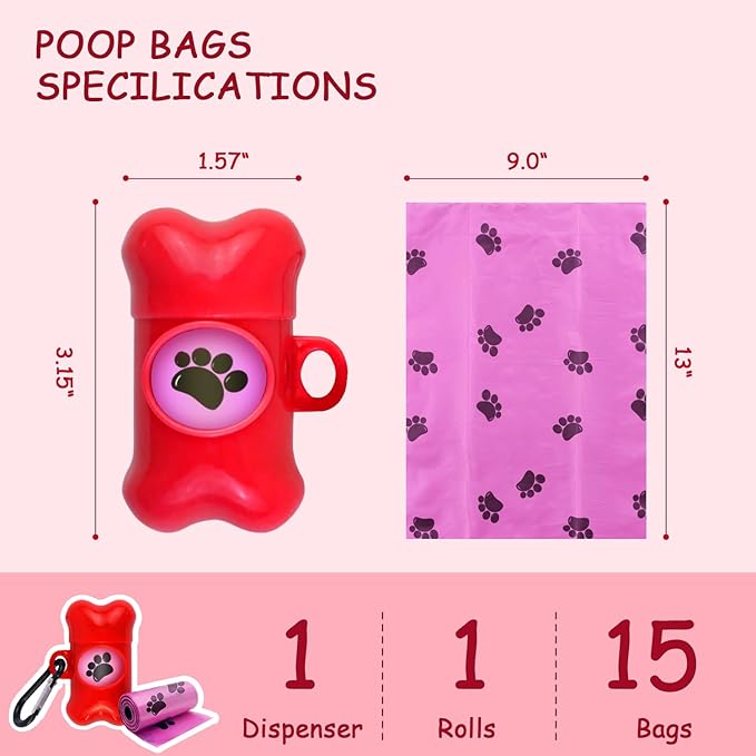 Dog Poop Bags Dispenser with Carabiner Clip, Doggy Poop Bag Holders for Leashes Include 1 Roll (15 Bags) Leak-Proof Large Lavender Scented Doggie Pet Waste Bags, Eco-Friendly Dog Accessories, Red
