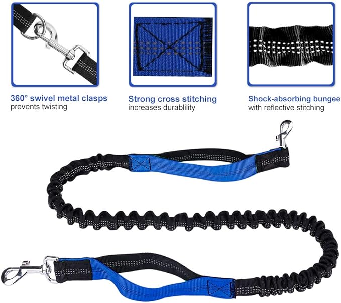 Hands Free Dog Leash for Running Walking Training Hiking, Dual-Handle Reflective Bungee, Poop Bag Dispenser Pouch, Adjustable Waist Belt, Shock Absorbing, Ideal for Medium to Large Dogs (Black W Blue)