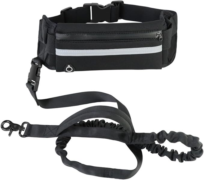 Hands Free Dog Leash with Pouch,Adjustable Waist Belt Fanny Pack Dual-Handle Reflective Bungee Leash for Medium to Large Dogs for Running Walking Training Jogging,Black