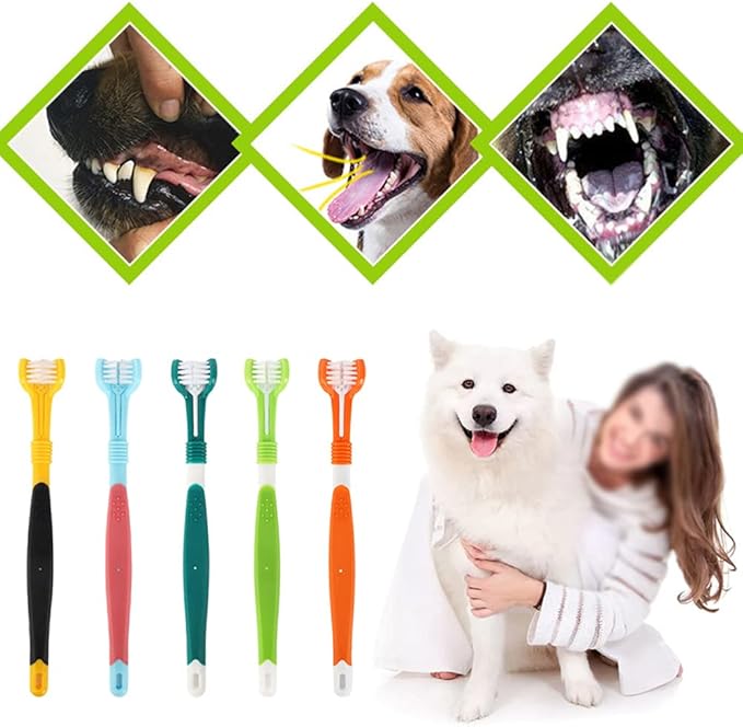 3 Pieces Plastic Nylon Three Head Multi Angle Toothbrush Cleaning Dog Cat Brush Bad Breath Teeth Care Tool,Red