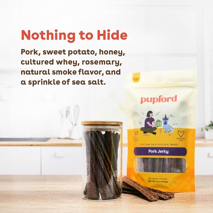Pupford Pork Jerky for Dogs & Puppies, All-Natural, Healthy Dog Treats, No Fillers, Made in USA (16 oz)