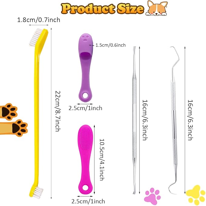8 Pieces Dog Teeth Cleaning Kit Silicone Dog Finger Toothbrushes Double Headed Pet Tooth Brush Stainless Steel Tarter Remover Scraper for Dog Cat Oral Dental Health