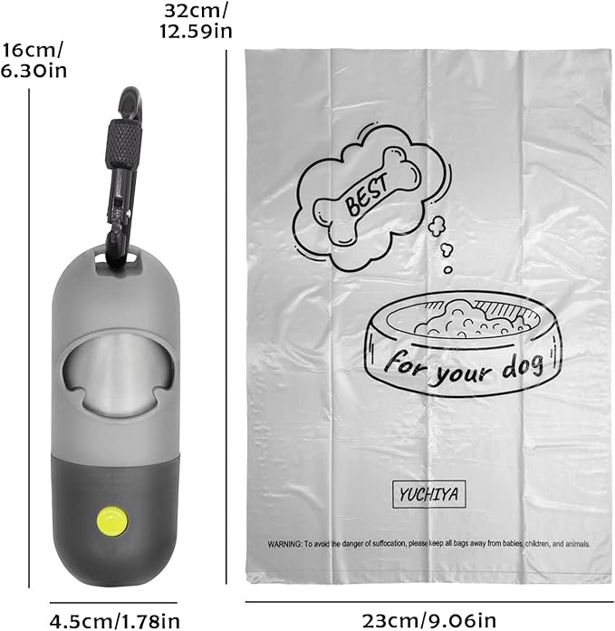 Dog Poop Bag Dispenser with Flashlight|Dog Poop Bag Holder with Leash Clip|Hands-Free Leash Poop Bag Holder with Straps and 1 Roll Dog Waste Bags (Gray)
