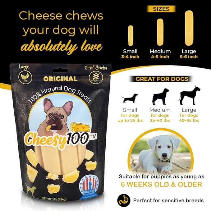 Cheese Dog Chews|US-Crafted for Puppies & Dogs |Softer Natural Alternative to Himalayan Dog Chews & Yak Chews| Salt & Rawhide-Free| Tastier than Yak Chews (6 Large Sticks)