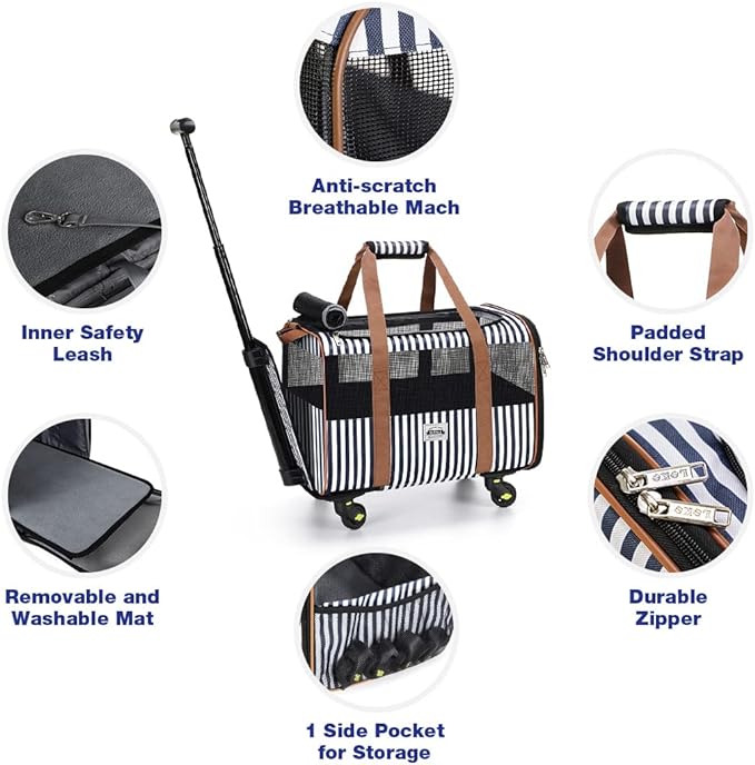 Cat Carier with Wheels, Lekesky Dog Carrier Airline Approved Rolling Pet Carrier with Telescopic Handle and Shoulder Strap, Striped