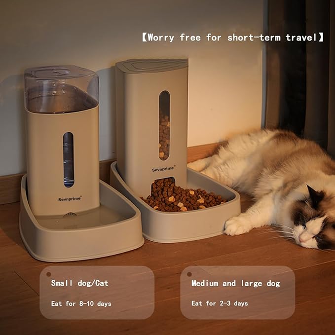 2PCS Cat Dog Feeder and Waterer Self-Dispensing Gray 3.8L Pets Automatic Feeder and Waterer Dispensing Set 12.8in x 7.87in x 12.2in Feeder and Water Bowl for Small Medium Pets