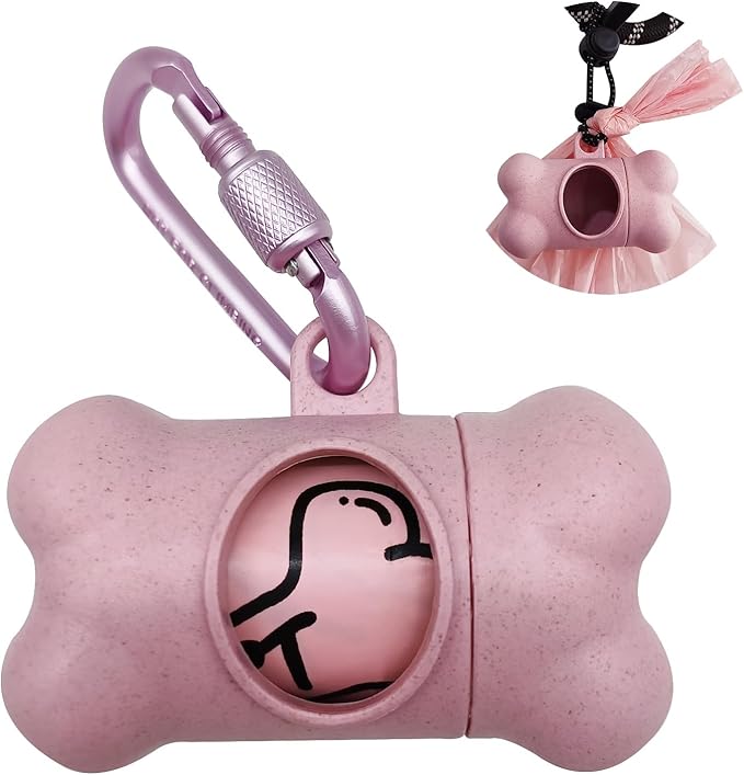 Dog Poop Pickup Bags Holder Dispenser with 1 Roll Random Color Leak-proof Scented Doggy Waste Bags and Carabiner with Safety Lock Plus Hook and Loop Fastener Never Loose on Leash Lead Again (Pink)