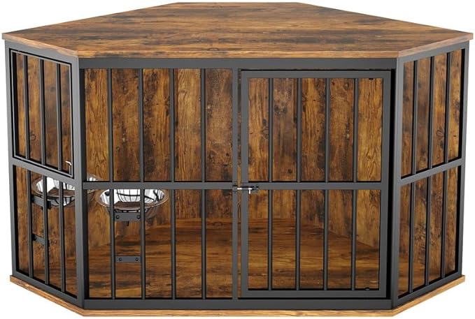 ROOMTEC 53 inch Furniture Dog Crate Corner, Dog Kennel Corner Wooden End Table with Bowl, Indoor Pet Crates Corner Side Table for Dogs, Wide Top Perfect for Limited Room