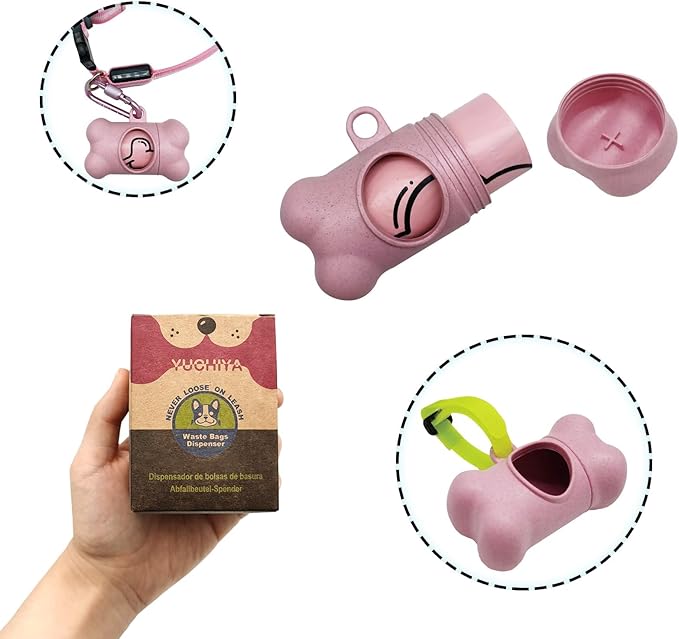 Dog Poop Pickup Bags Holder Dispenser with 1 Roll Random Color Leak-proof Scented Doggy Waste Bags and Carabiner with Safety Lock Plus Hook and Loop Fastener Never Loose on Leash Lead Again (Pink)