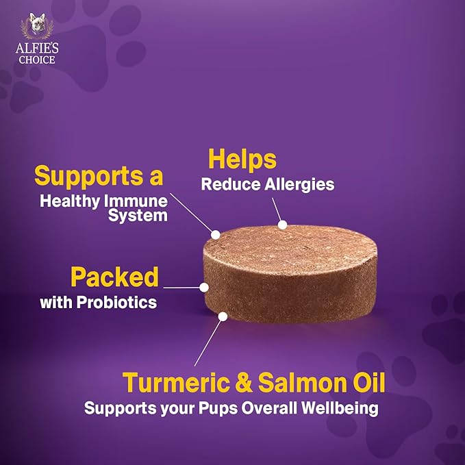 ALFIE'S CHOICE Dog Allergy Relief Chews - Allergy & Itch Relief Dogs Support Supplement, Probiotic Blend with Salmon Oil & Turmeric - Chicken Flavor Dog Allergy Chews Itchy Skin, 12 oz, Appx 160 Count
