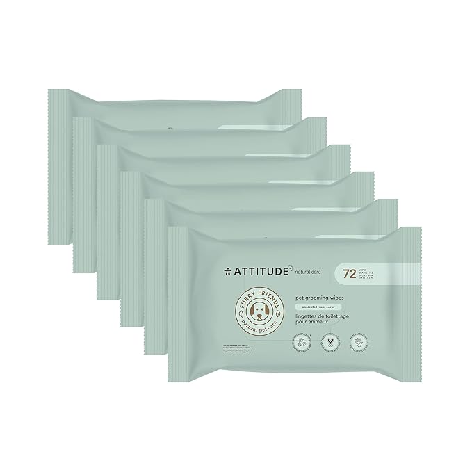 ATTITUDE Pet Grooming Wipes, Hypoallergenic Plant and Mineral-Based Ingredients, Vegan and Cruelty-Free Biodegradable Products, Unscented, 72 count (Pack of 6)
