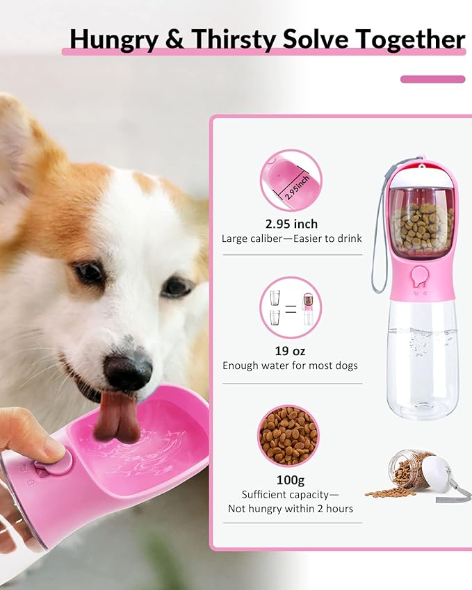 Dog Water Bottle, 2 in 1, Leak Proof Portable Pet Water Bottle with Food Container, Outdoor Portable Water Dispenser for Dog, Puppy Supply for Walking, Hiking, Camping, Travel (19oz Pink)