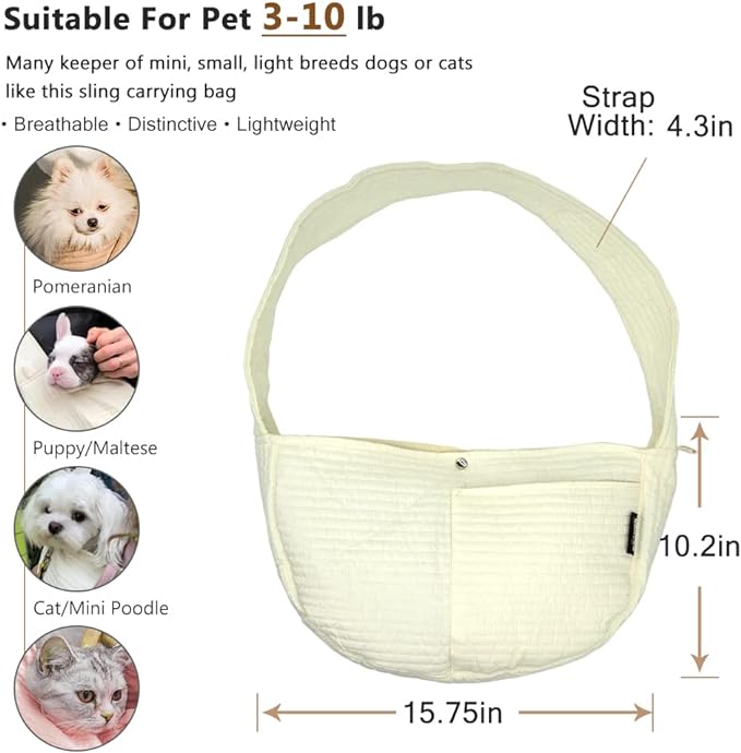 NATUYA Small Dog Carrier Sling Cat Sling,Adjustable Strap Hand Free Pet Puppy for Outdoor Traveling Subway (white, canvas)