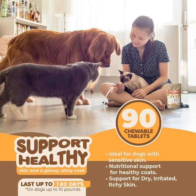 Skin and Coat Supplement with Fish Oil for Dogs & Cats. Dog Itch Relief with Vitamins & Omega 3 for Dry Flaky Skin. Dog Shedding Supplement to Regrow a Shiny Soft Coat. Dog Allergy Treatment (90 Tabs)