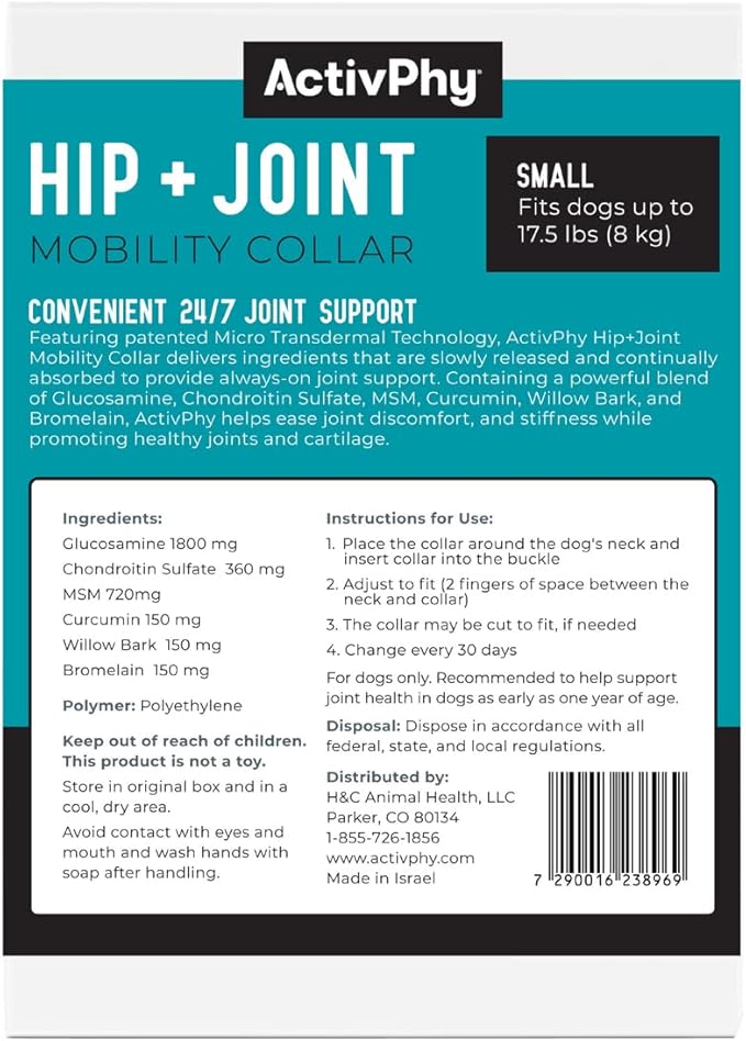 Hip + Joint Mobility Collar for Dogs with Glucosamine, Chondroitin, MSM, and More | Convenient & Easy | 30 Days of Continuous Support | Water Resistant (Small)