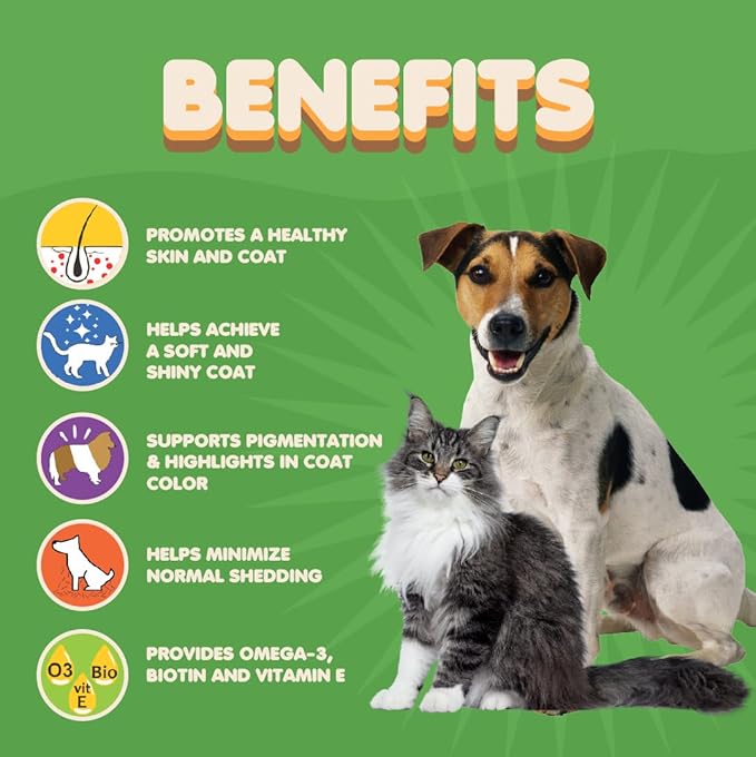 Skin and Coat Supplement with Fish Oil for Dogs & Cats. Dog Itch Relief with Vitamins & Omega 3 for Dry Flaky Skin. Dog Shedding Supplement to Regrow a Shiny Soft Coat. Dog Allergy Treatment (90 Tabs)