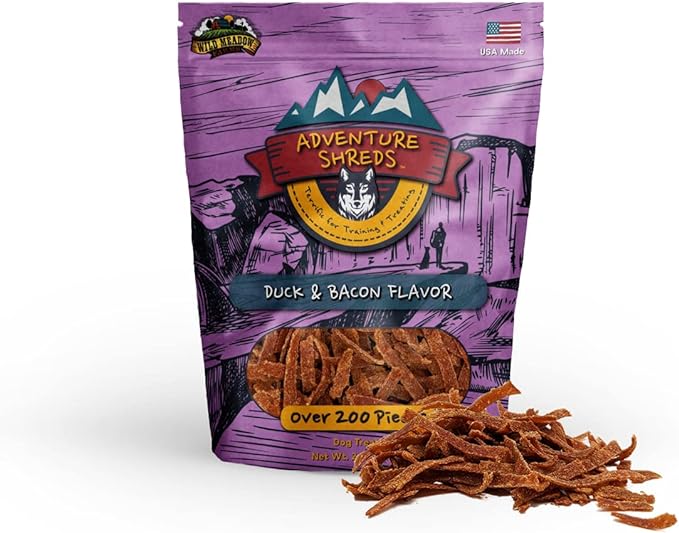 Wild Meadow Farms - Adventure Shreds Duck & Bacon Dog Treats, Soft & Thin Dog Treats for Training & Rewards, Grain-Free Snacks for Pets of All Breeds and Ages - 2.5 Ounce Pouch