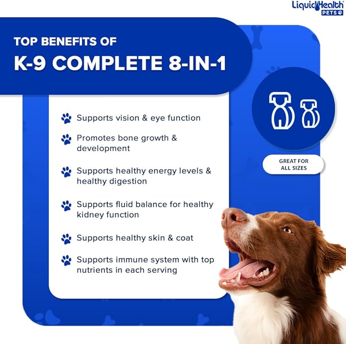 LiquidHealth 32 Oz K9 Complete 8-in-1 Liquid Multivitamin for Dogs & Puppies, All in One Complete Formula, Senior Puppy Dog Diet, Canine Vitamins, Skin and Coat, Joint Health, Immune Support (2 Pack)
