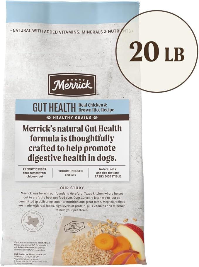 Merrick Gut Health Recipe, Healthy Grains Natural Chicken and Rice Dry Dog Food with Yogurt-Infused Clusters - 20 lb. Bag