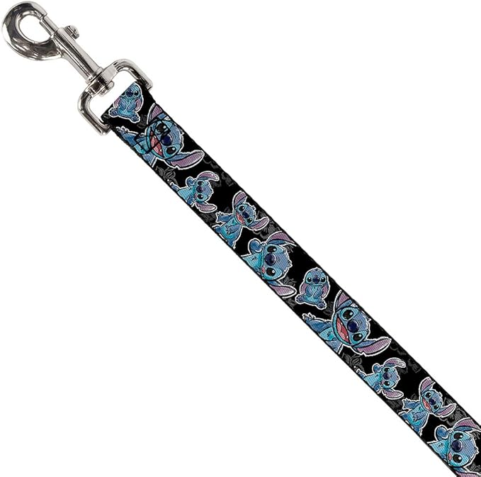 Buckle-Down Pet Leash - Stitch Poses/Hibiscus Sketch Black/Gray/Blue - 4 Feet Long - 1/2" Wide