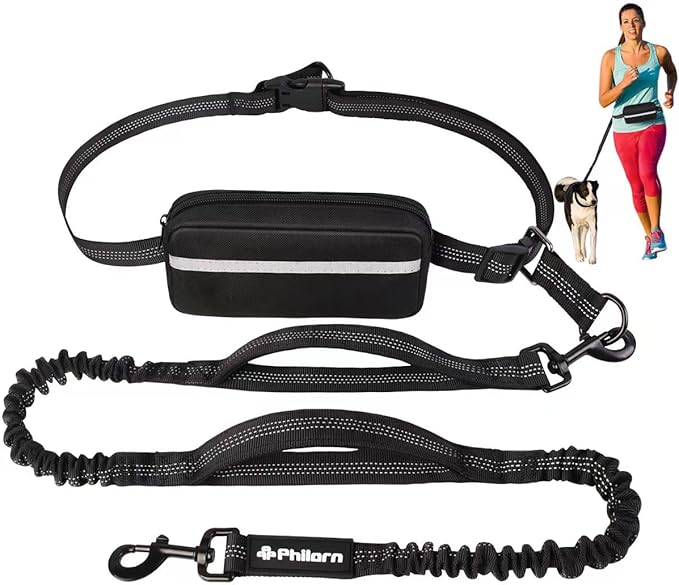 Philorn Hands Free Dog Leash with Pouch, Adjustable Waist Leash for Dog Walking, Running Leash for Medium Large dogs, Waist Dog Leash with Dual Handles and Durable Bungee for Jogging Hiking (Black)