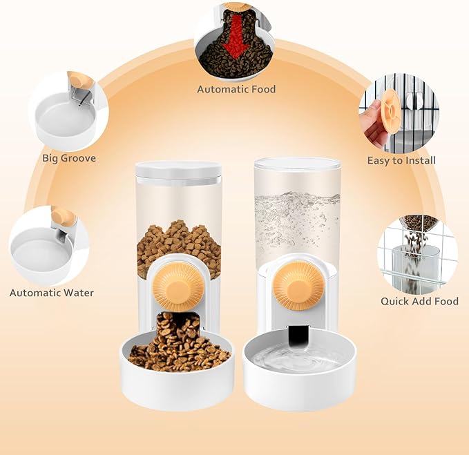 Hanging Cage Automatic Small Pet Food Bowl Water Bottle Dispenser, 1L Auto Gravity Pet Feeder and Waterer Set Kennel Feeding Station Crate Feeder Dish for Puppy Cats Rabbit Ferret (White)