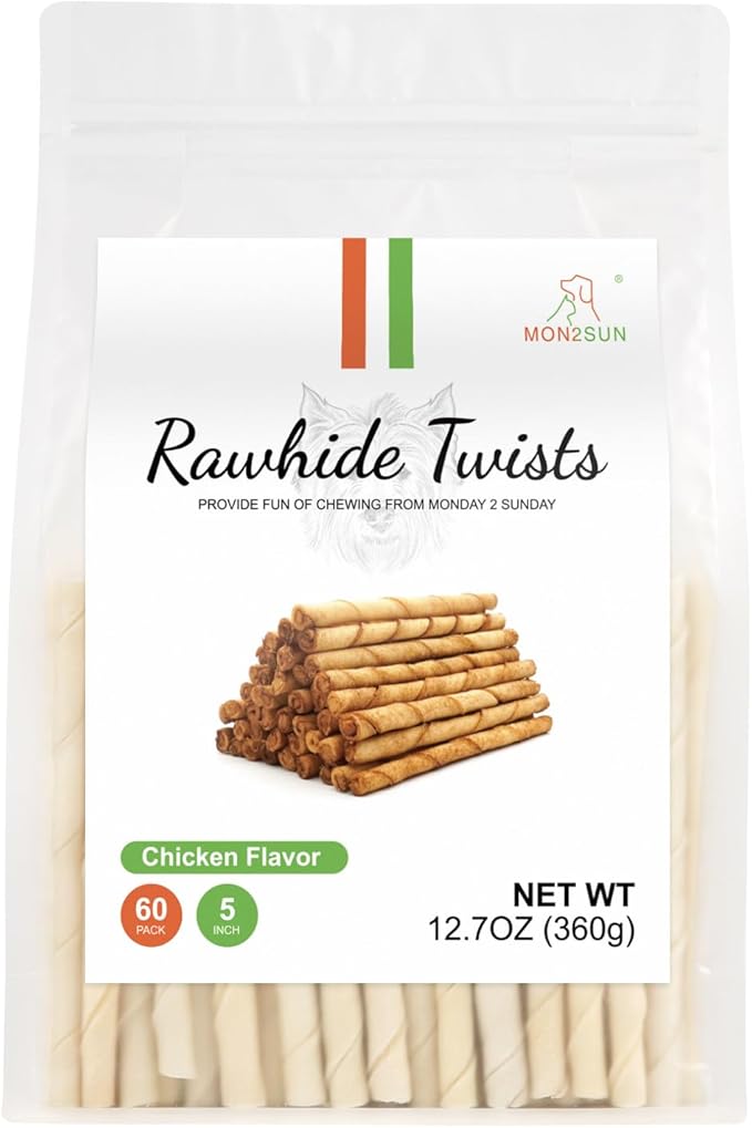 MON2SUN Dog Rawhide Twist Sticks Chicken Flavor 5 Inch Thin Sticks Rawhide Chews Dog Treats for Puppy and Small Dogs 60 Count